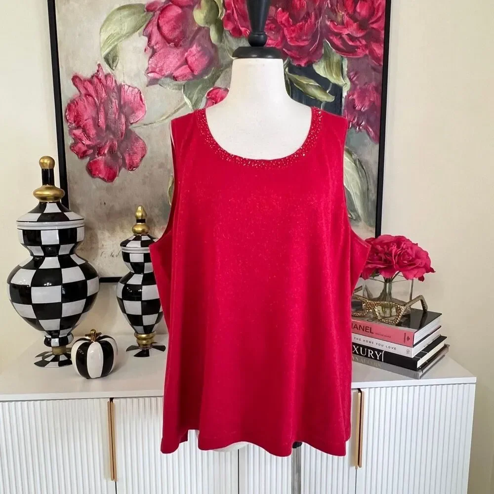 Maggie Barnes Women's Shimmer Knit Beaded Trim Tank & Cardigan Set Red 3X